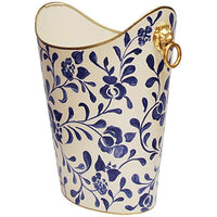 Worlds Away Oval Wastebasket with Lion Handles in Navy Vine