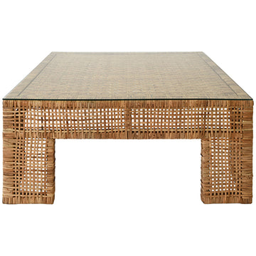 Worlds Away Wide Leg Rattan Coffee Table with Glass Top