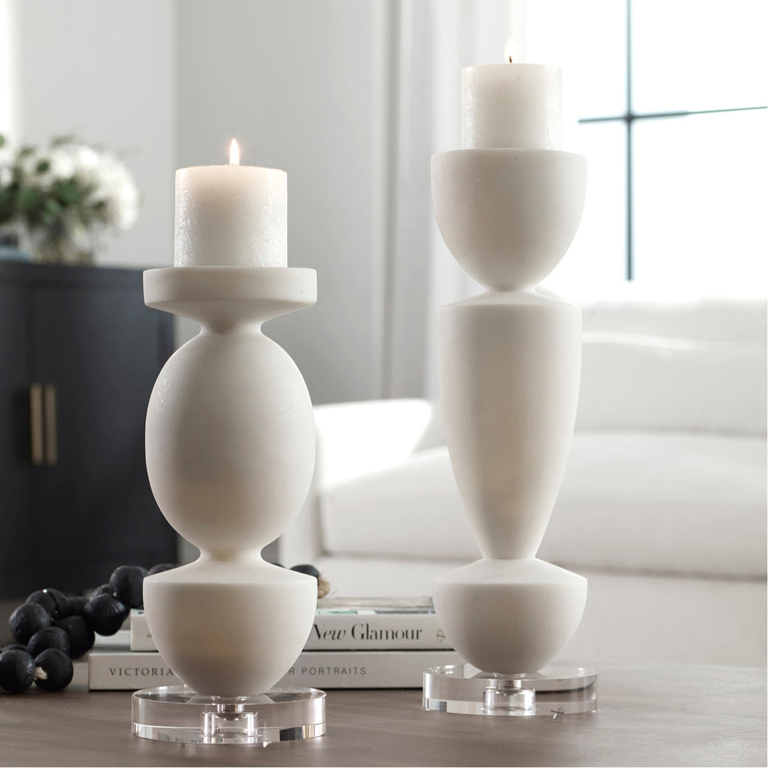 Uttermost Lido White Stone Candleholders, 2-Piece Set