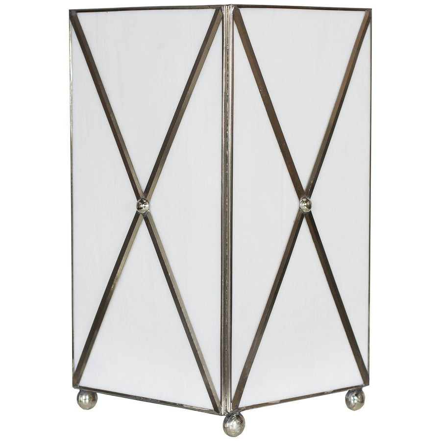 Worlds Away White Glass Crosshatch Wastebasket with Silver Detailing