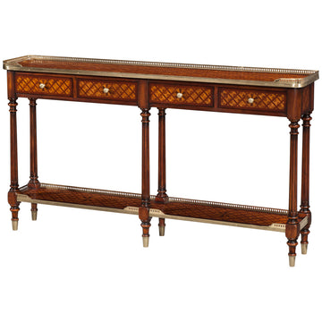 Theodore Alexander Burl Lattice Parquetry, Brass Mounted Console Table