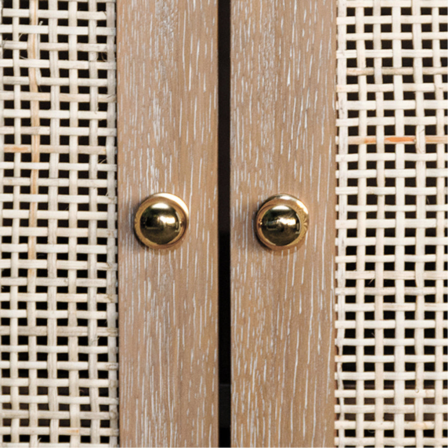 Worlds Away 2-Door Cane Cabinet with Brass Hardware in Cerused Oak