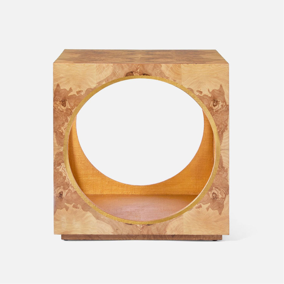 Made Goods Benning Burl Wood Cube Side Table with Circular Cut-outs