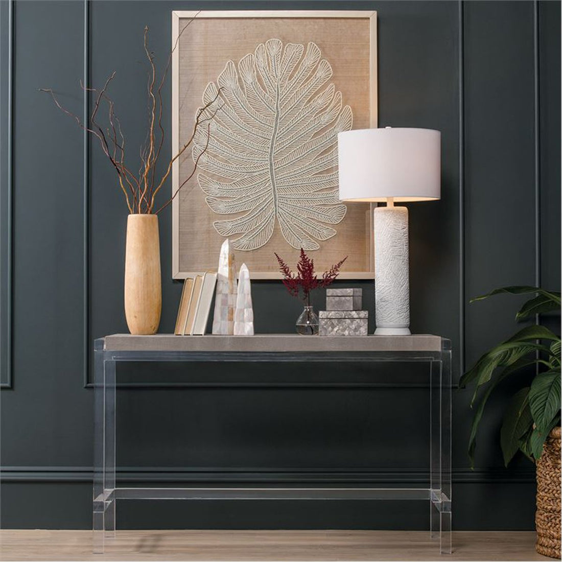 Made Goods Cassian Acrylic Console Table with Beige Crystal Stone Top