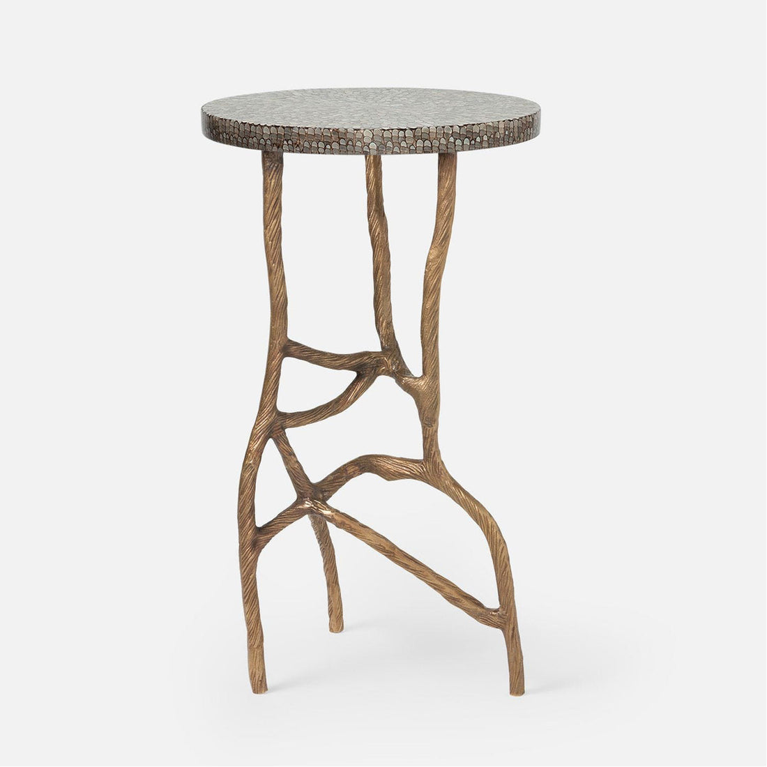 Made Goods Genevier Brass Tripod Base Side Table in Shell
