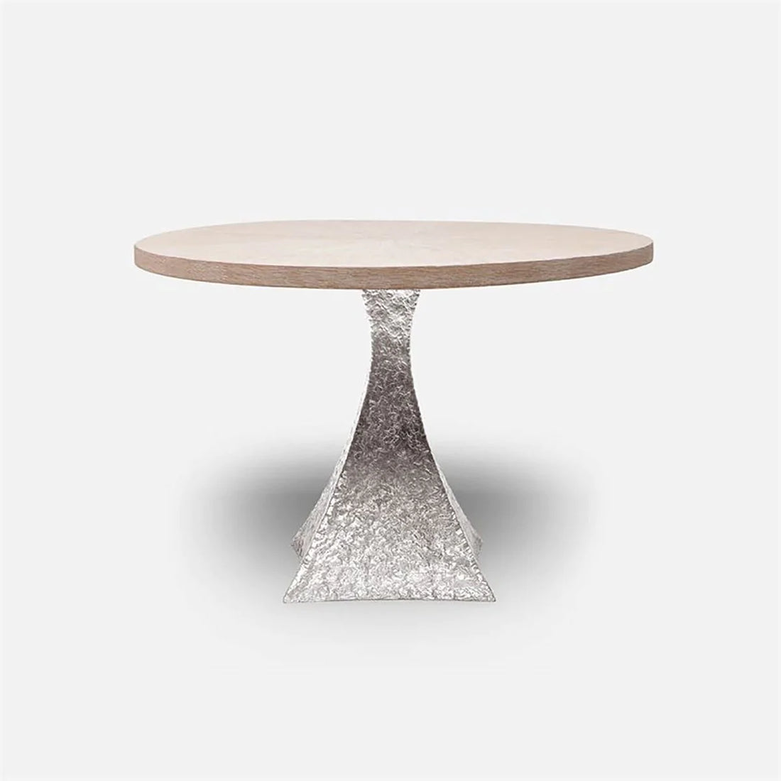 Made Goods Noor Round Textured  Metal Dining Table in White Cerused Oak