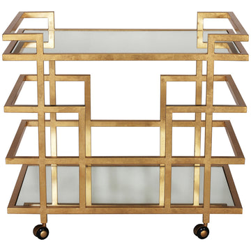 Worlds Away Gold Leaf Linear Bar Cart with Mirror Shelves