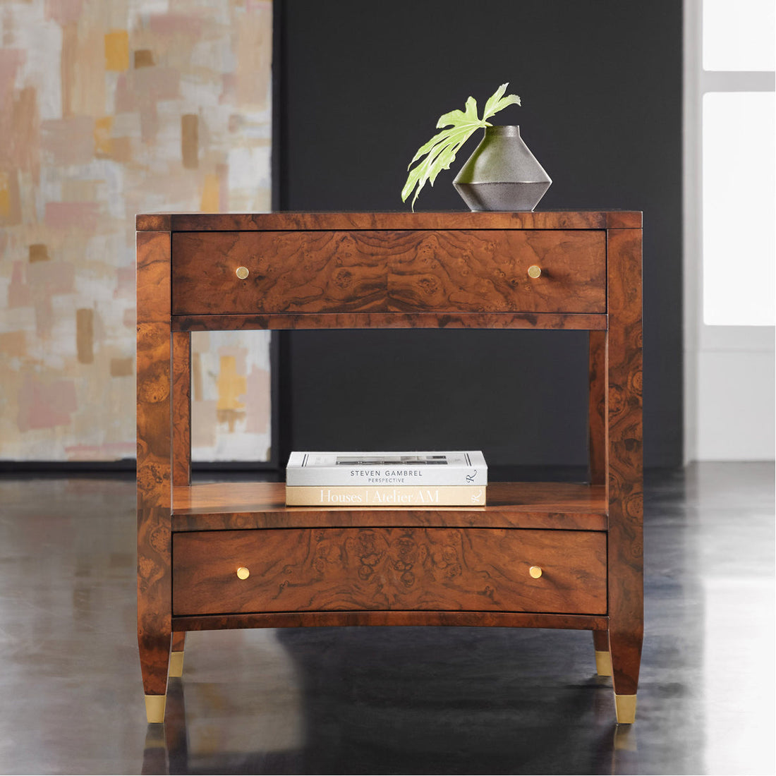 Modern History Concave Nightstand - Walnut Burl