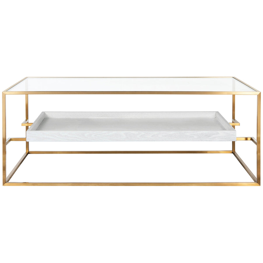 Worlds Away Glass Top Antique Brass Coffee Table with Floating Shelf