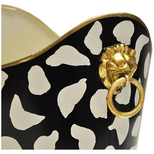 Worlds Away Oval Wastebasket with Lion Handles in Black Leopard