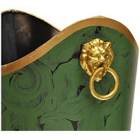 Worlds Away Oval Wastebasket with Lion Handles in Malachite