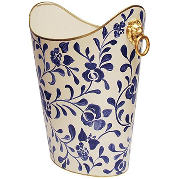 Worlds Away Oval Wastebasket with Lion Handles in Navy Vine