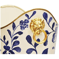 Worlds Away Oval Wastebasket with Lion Handles in Navy Vine