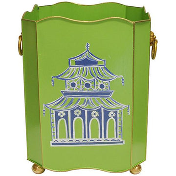 Worlds Away Square Wastebasket with Lion Handles in Green Pagoda